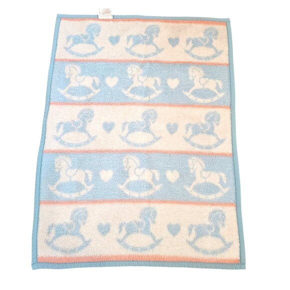 Vintage‎ Blue Rockinghorse Baby Blanket Hearts Acryl Velours Biederlack USA Made - Picture 2 of 7
